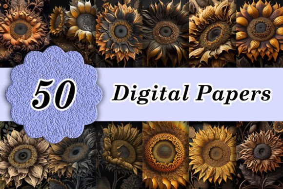 50 Dark Sunflowers Nature Digital Papers for Designers