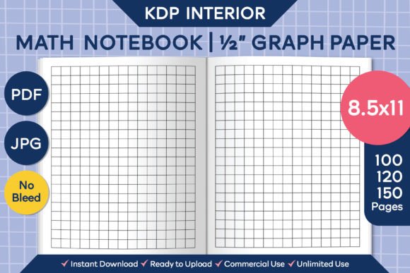 8.5x11 Math Notebook: 1/2in Graph Paper for KDP